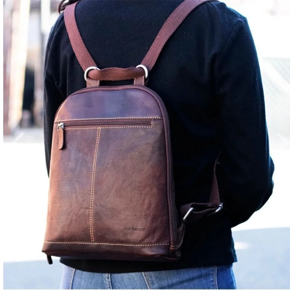 Jack Georges Buffalo Leather Voyager Convertible Backpack EUC Ret $222 Dk Brown
